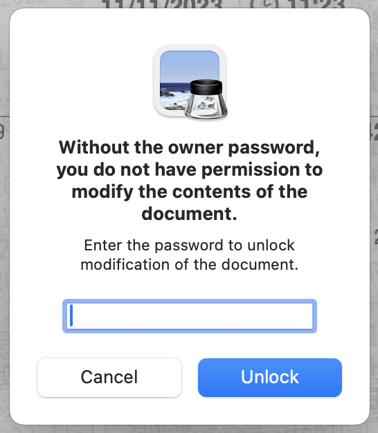 Apple Preview dialog asking for a password